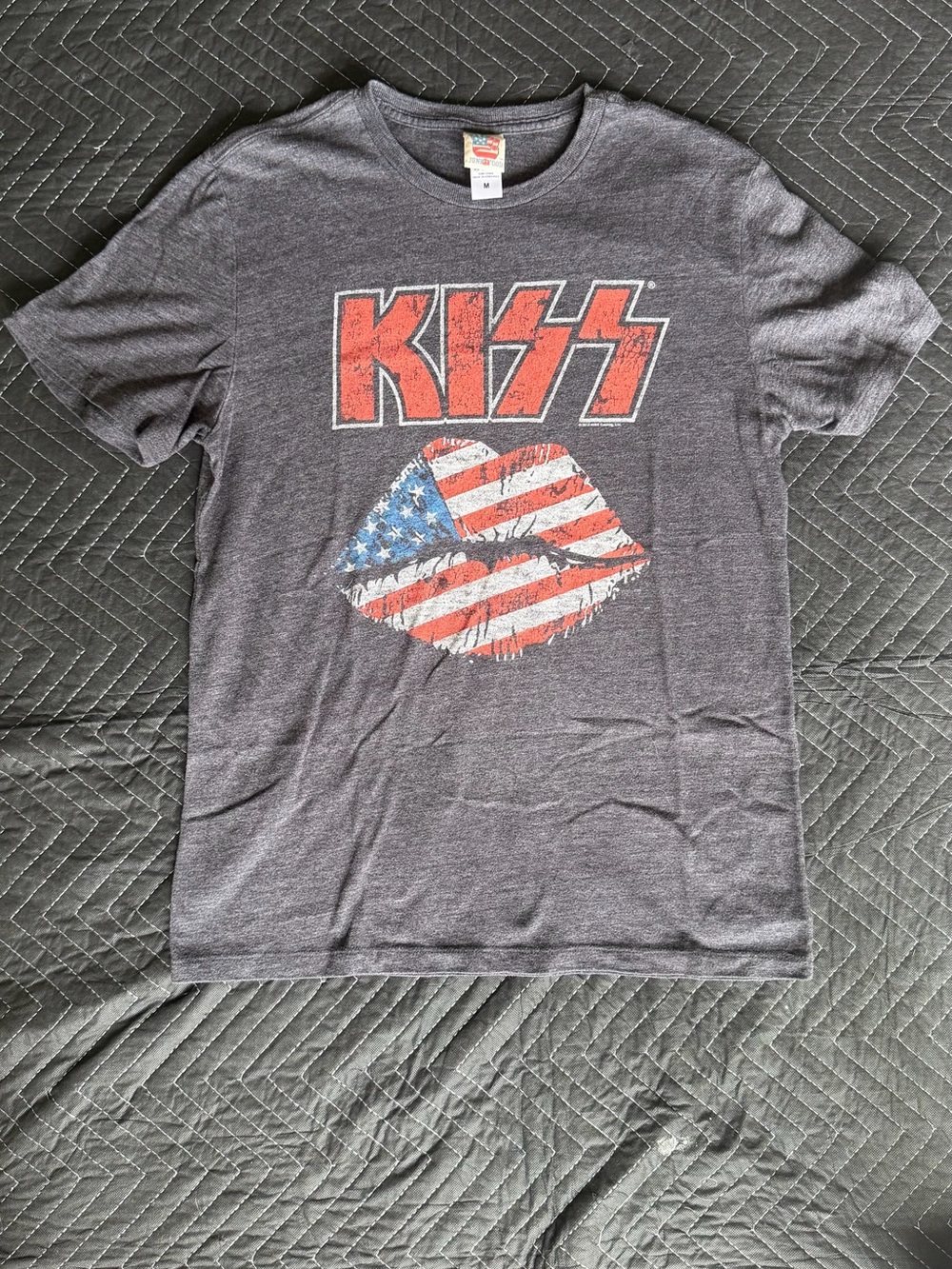 Junk Food Clothing Charcoal KISS Logo Tee with Red, White & Blue Flag Lips